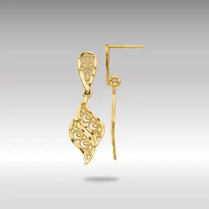 14K Gold Polished and Diamond-Cut Filigree Swirl Dangle Post Earrings - Model F989