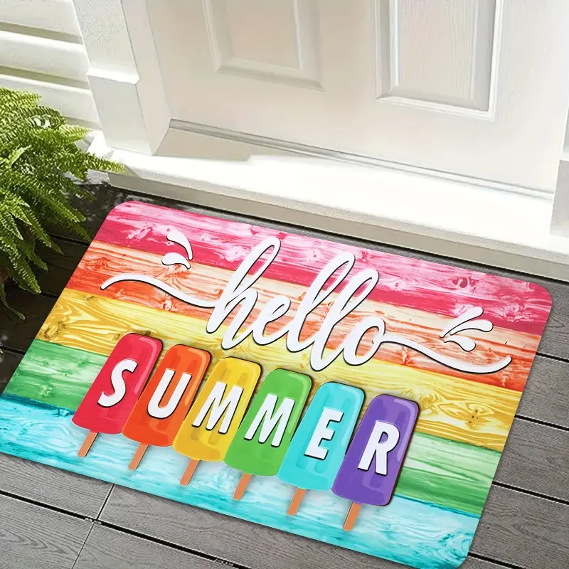 "Hello, Summer" Artwork Graphic Soft Rubber Doormat - Faux Wood Grain Backing, Absorbent, Bold & Bright Colors, Hand Washable for Indoor Entrance, Bathroom, Artwork Graphic Doormats, Bold Colors Doormats