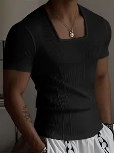 INCERUN Men T Shirt Solid Square Collar Short Sleeve Summer Male Tee Tops Streetwear Texture Polyester Fashion Casual Men Clothing