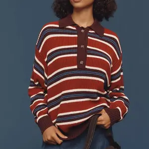 Women’s striped rugby sweater, Y2K long-sleeve oversized polo sweatshirt, vintage aesthetic collared pullover sweater