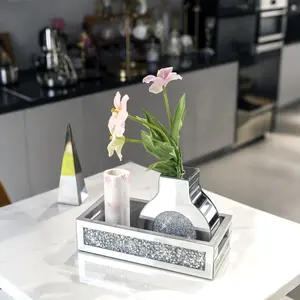 [Gorgeous Mirror Tray] Gorgeous Broken Diamond Glass Mirror Tray | 1pc Large Storage Space, Bathroom & Bedroom Decoration, Dressing Table Accessory Container