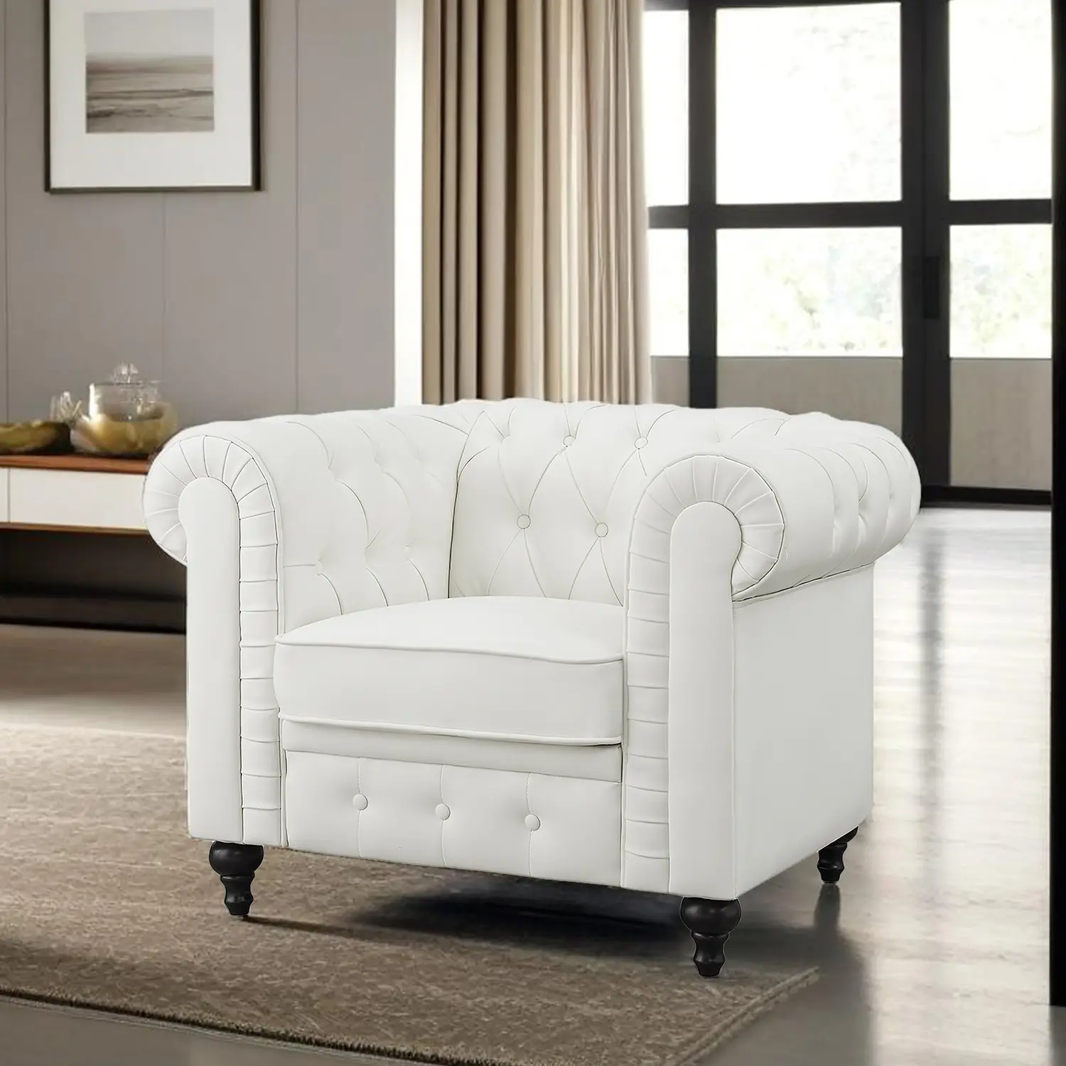 Chesterfield Single Sofa Chair for Living Room, Mid Century Chair Rolled Arms, Tufted Cushion, Solid Wooden Legs Reading Chairs for Bedroom Comfy Easy Tool-Free Assembly