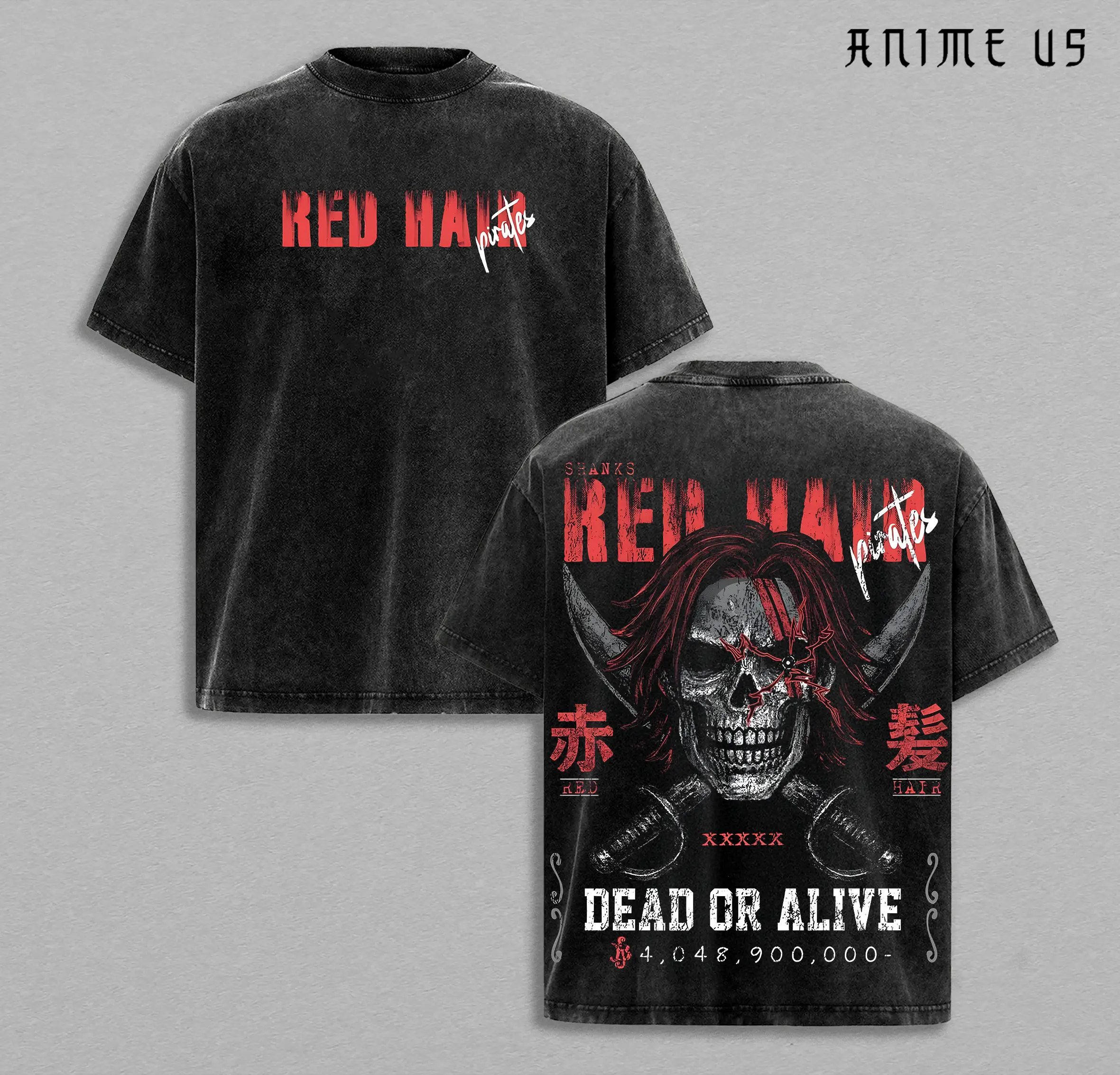 Shanks Red Hair Pirates Shirt Vintage Washed Oversized Tee | Anime Streetwear Heavy Cotton T-Shirt | Dead or Alive Design | Gift for Anime Fans