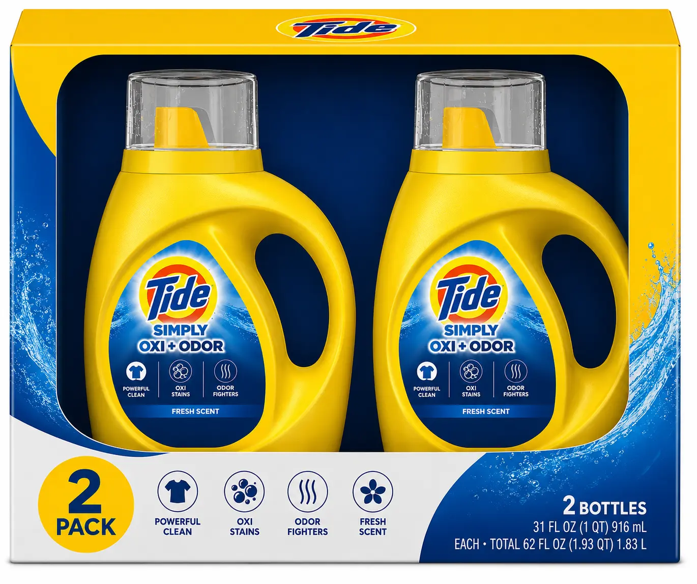Tide Simply OXI + Odor Liquid Laundry Detergent, Fresh Scent, 2 Pack (2 x 31 fl oz / 916 mL) – 62 fl oz Total