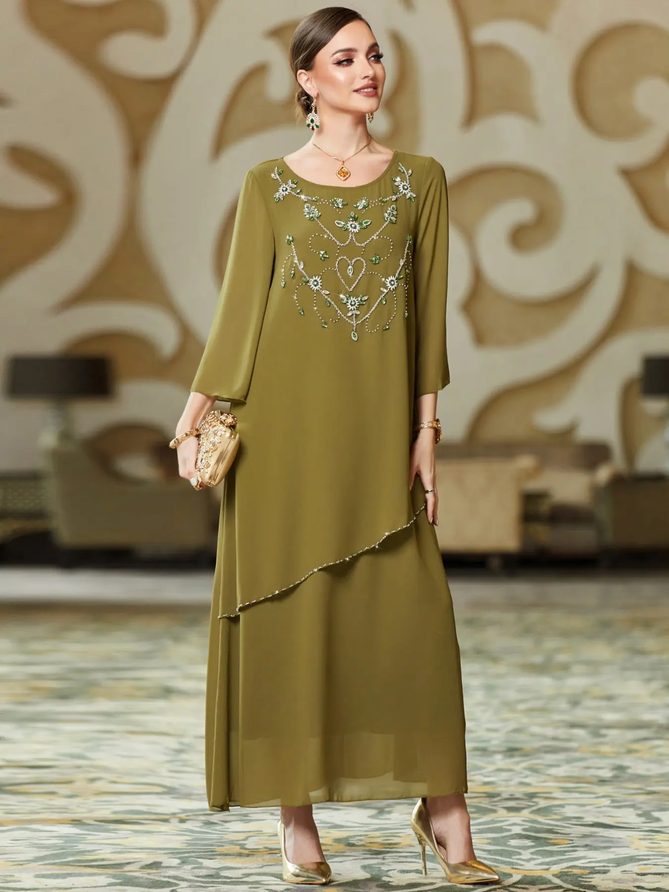 Women's Olive Rhinestone Embroidered Abaya, Loose Fit Wide Sleeve Islamic Robe, Wedding Party Dress, Middle Eastern Muslim Clothing