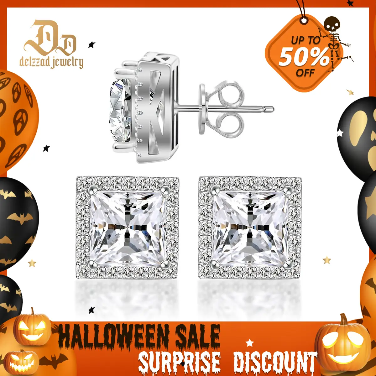 Delzzad Princess Halo Lab-Created Moissanite Stud Earring S925 Sterling Silver Moissanite Jewelry Perfect Birthday Mother’s Day Gift for Men Women Wed