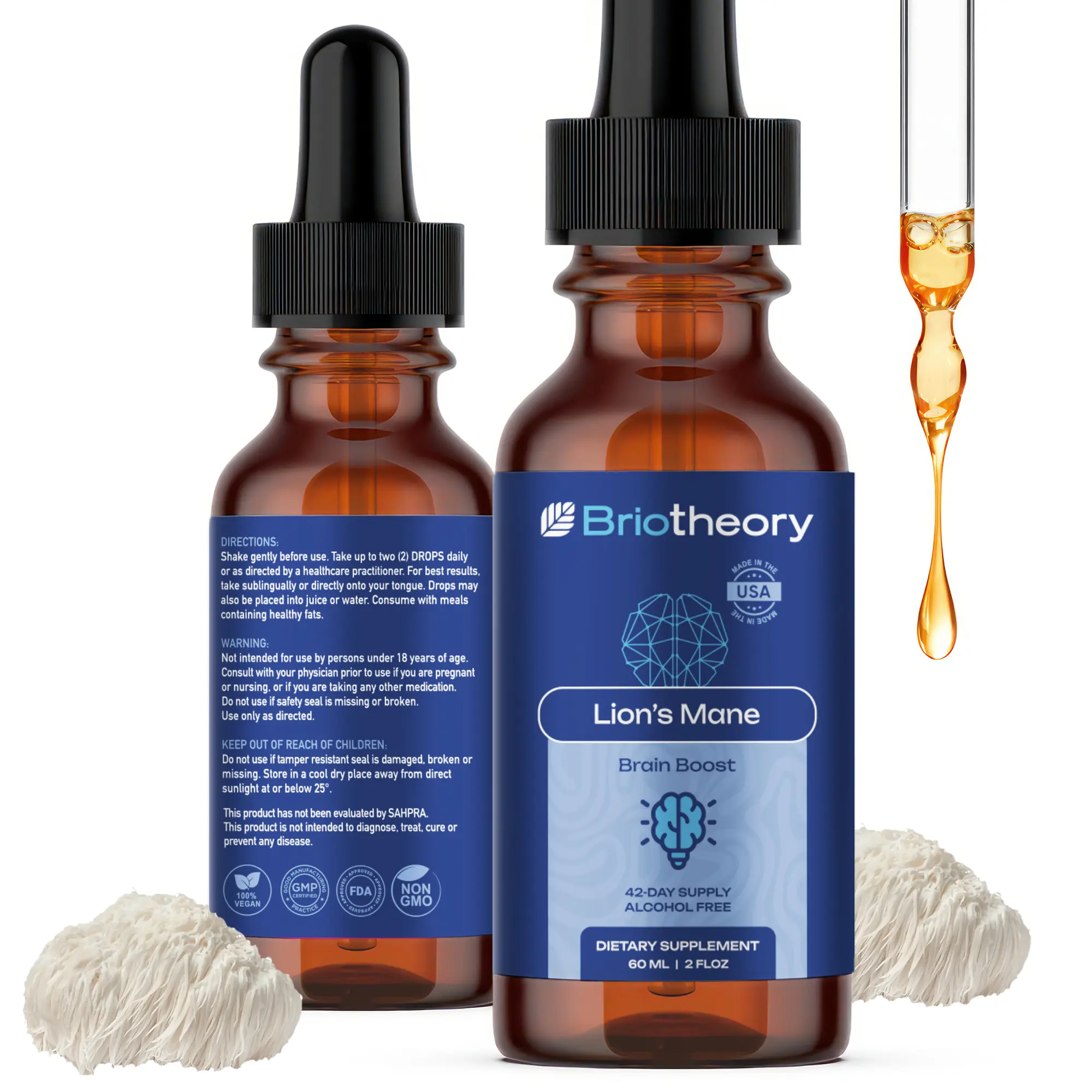 Organic Lion's Mane Extract Liquid Drops – Brain Support, Energy, Memory & Focus - Sugar Free, Lion's Mane Mushroom Extract 1000 mg, Vegan, Non-GMO - 60ml (30 Days Supply), Made in USA.
