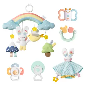 ALPHA GROUP Cozy Bunny Newborn Gift Set - 6-in-1 Baby Soothing Essentials with 4 Teething Toys, Plush Blanket & Hanging Toys for Crib Stroller Sensory Development Machine Washable