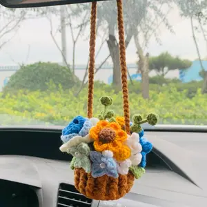 Crochet Flower Basket Car Hanging Ornament, Handmade Crochet Car Rearview Mirror Hanging Decoration, Car Interior Decoration Accessories for Women & Girls, Car Interior Decorative