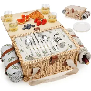 Four-person picnic basket, hand-woven wicker picnic set, equipped with a folding table and waterproof blanket, large insulated picnic basket with wine bag and cutlery set, suitable for picnics, camping, and vacations