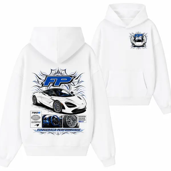 Fitzgerald Performance McLaren 720S Hoodie – White Graphic Hoodie Featuring Sleek Supercar Design, Perfect for Car Enthusiasts & FP Fans.