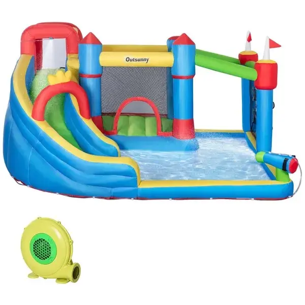 Inflatable Water Slide Park 6-in-1 Kids Bounce House Castle with Pool Cannon Slide Trampoline Throwing Wall 450W Blower