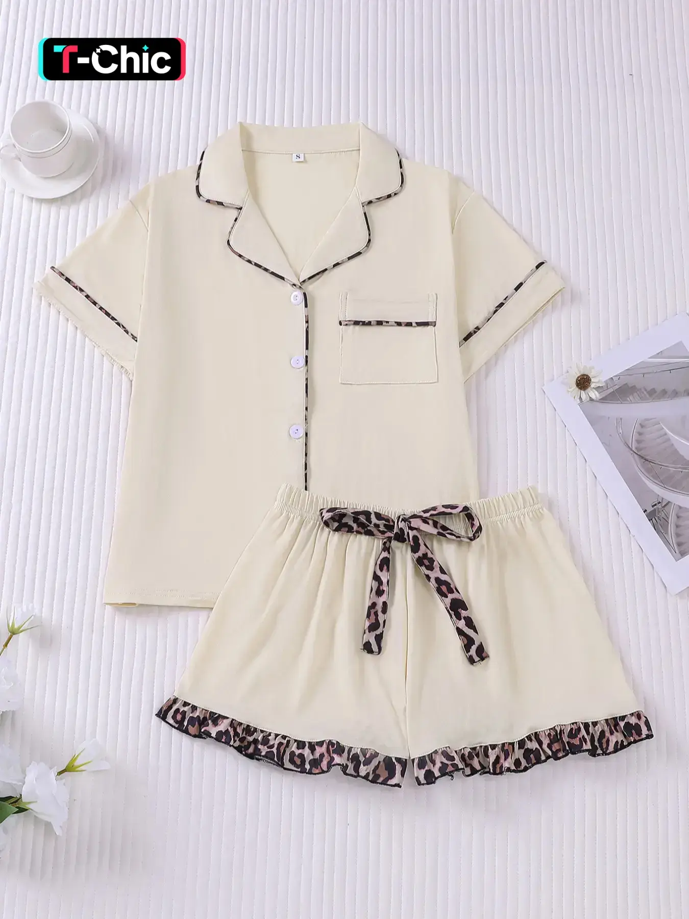 Women's Contrast Binding Pajama Two-piece Set, Short Sleeve Button Up Top & Shorts Pj Set, Casual Comfy Loungewear Set for Women, Nightwear, Casual Home Nightwear, Casual Sleepwear Set