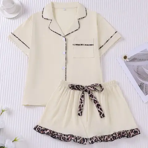 【Black Friday】Women's Contrast Binding Pajama Two-Piece Set, Short-Sleeve Button-Up Top & Shorts PJ Set, Casual Comfy Loungewear & Sleepwear for Home
