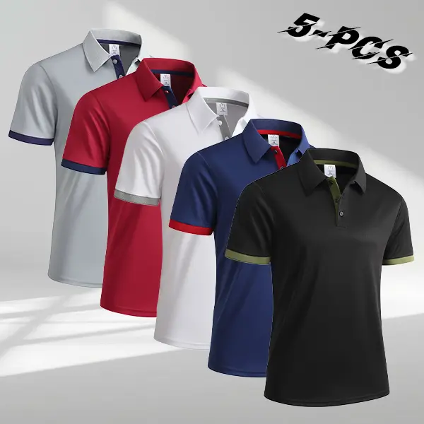 Men's 5-Pack Quick Dry Polo Shirts, Smart Casual Style Polyester Golf Tops, Moisture-Wicking with Colorblock Cuffs, Color Insertion At Sleeve Hem