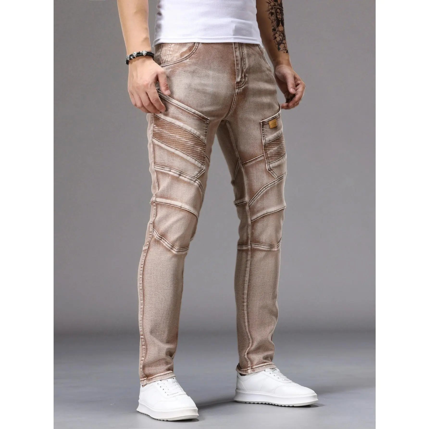 Light Blue High-Cotton Patchwork Jeans | Slim-Fit Streetwear Denim
