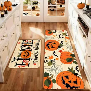 Set of 2 Halloween Kitchen Mats , Bat Pumpkin Design, Non-Slip Low Height, Halloween Farmhouse Party Floor Mat, Home Kitchen Decor