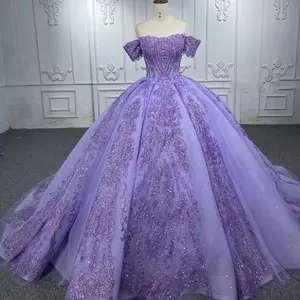 Modest Elegance: Purple Off-Shoulder Sequins Lace Ball Gown Quinceañera Dress