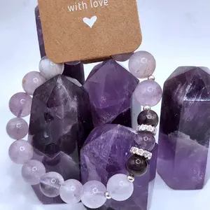 Lavender Quartz & Amethyst Crystal Bracelet with Silver Zircon Heart Accessories