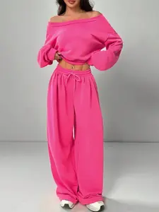 Women's Fashion Slim Fit Asymmetrical Shoulder Drawstring Hoodie Set, Casual Pure Color Two-Piece, Stylish and Comfortable, Casual Outfit Set