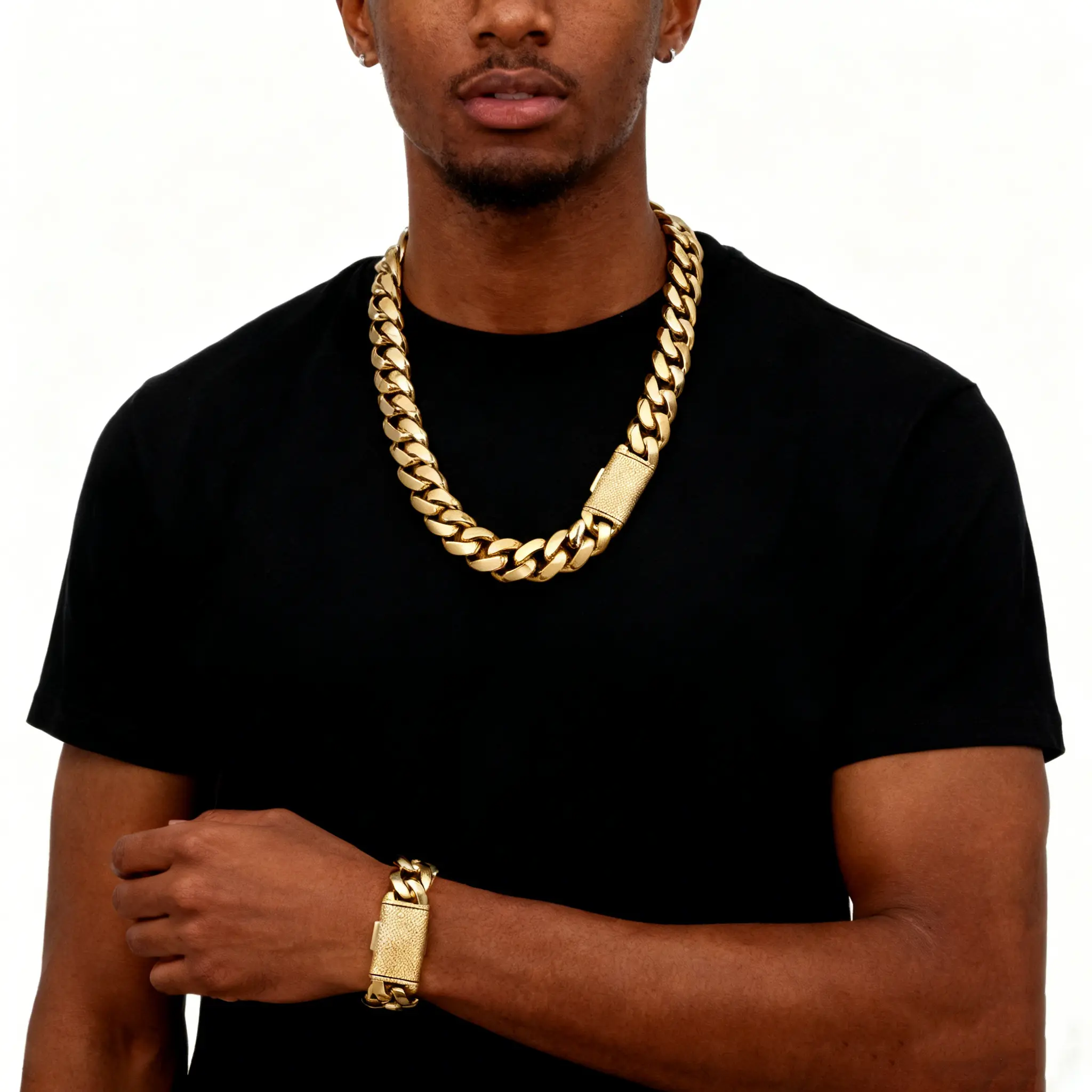 18K Gold Plated Cuban Chain Set – Wateroof, No Tarnish,  Lock Clasp Necklace & Bracelet, 8–22mm Width, Chains 16–30", Bracelets 7.5/8.5