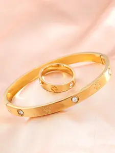 Vintage Simple Four-Leaf Flower Clover Zircon Stainless Steel Bracelet Ring Set, Matching Jewelry Set, Vintage Jewelry Set, Unisex Daily Wear, Elegant Floral Design, Perfect Gift, Accessories Set