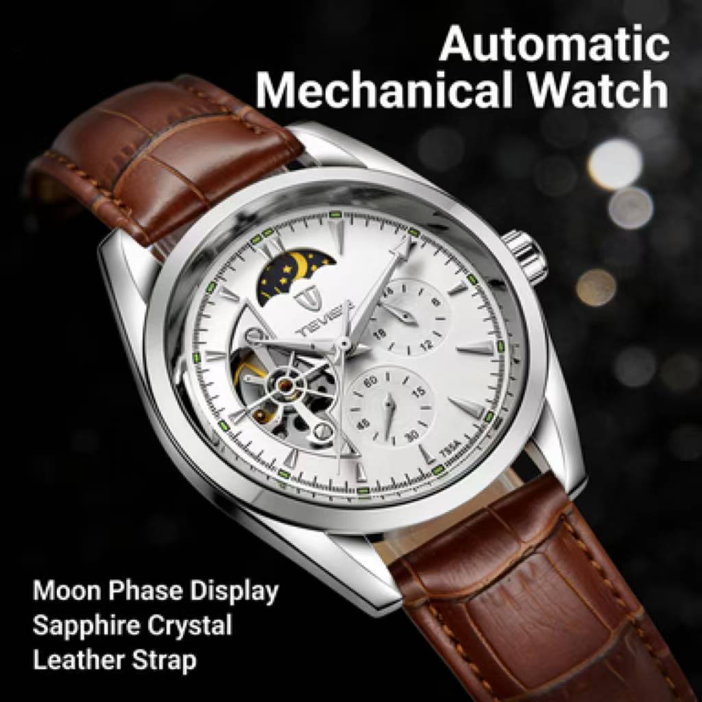 Luxury Men's Skeleton Watch, Moon Phase, Automatic Movement, Business Leather Wristwatch