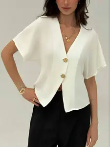 Women's Fashion Commuter Simple Solid Color Irregular Button Cardigan Short Sleeve Shirt Top, Casual Style Blouse, Perfect for Daily Wear