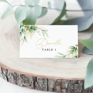 Wedding Place Cards Table, 50 Pack, 2 x 3.5 inch, Gold & Greenery Cards for Weddings, Premium Eucalyptus Wedding Name Place Cards for Table Setting, Easy Folding Matte Finish