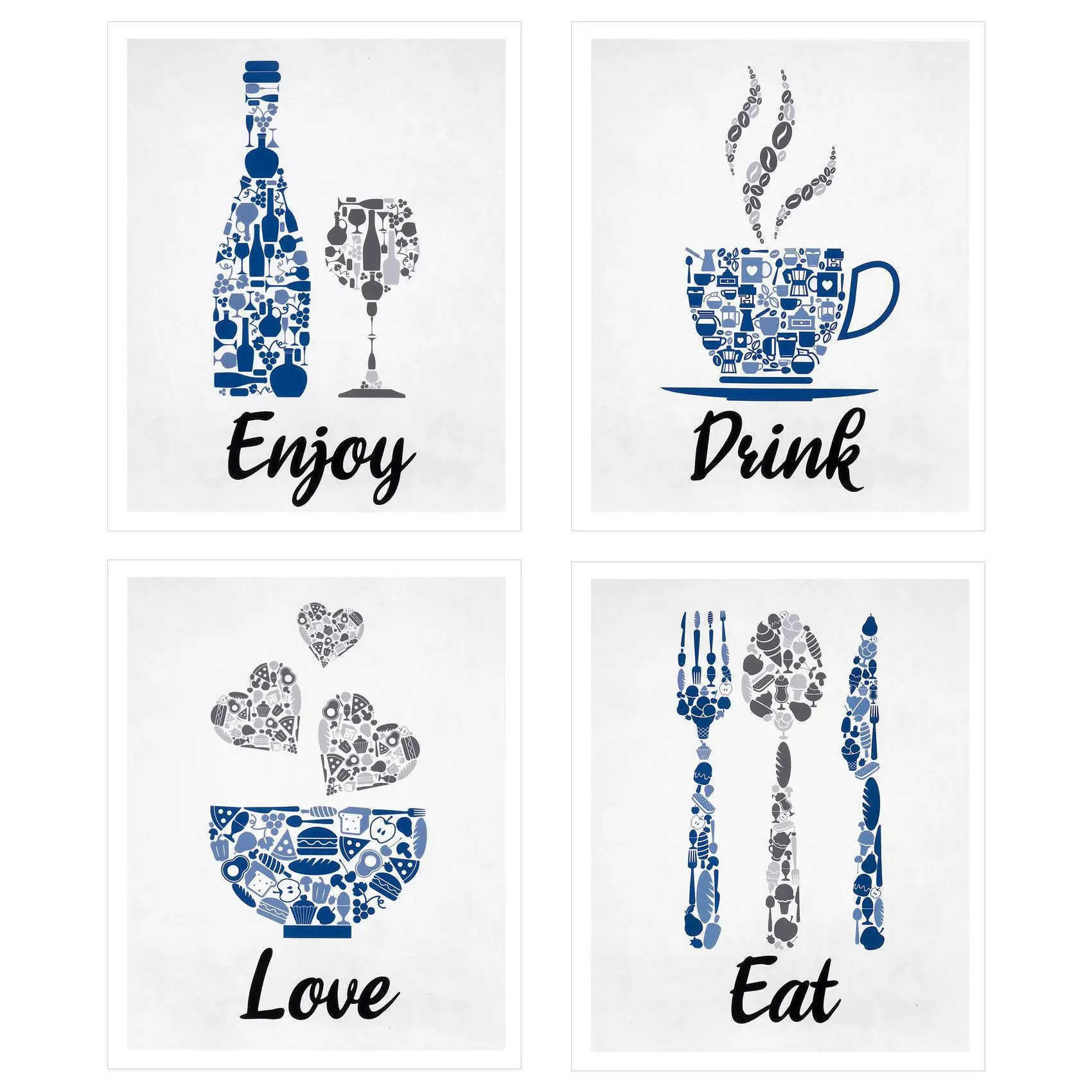 Vintage Colorful Kitchen Wall Art Paintings Set, Blue-Navy-Cobalt-Grey-White Inspirational Eat-Drink-Love-Wine Decor for Restaurant Cafe Bar, Car Exterior Decoration Gift Print, Decorative