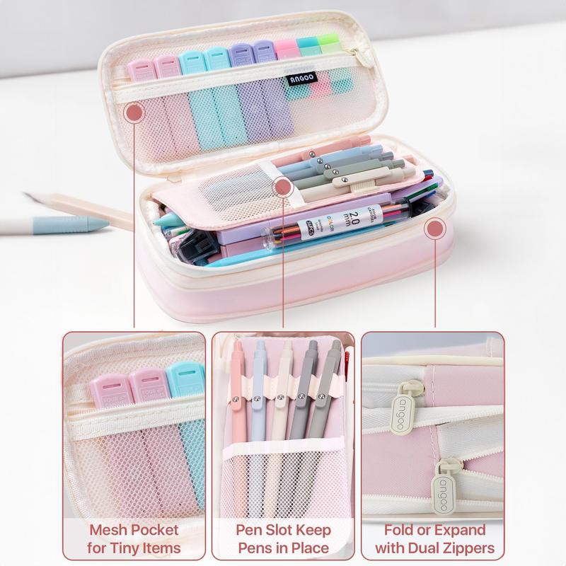 Four Candies 56/58 PCS Aesthetic School Supplies with Large Pencil Case, 6 Colored Ballpoint Pens, 12 Pastel Highlighters, 5 Black Ink Gel Pens, 9 Mechanical Pencils 0.5-2.0mm Student Essentials,girly office supplies,Writing Instruments Stationery Set