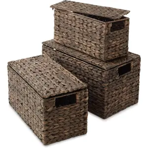 Casafield Set of 3 Water Hyacinth Storage Baskets with Lids, Espresso - Small, Medium, Large Woven Nesting Bins for Bathroom, Bedroom, Closets, Shelves