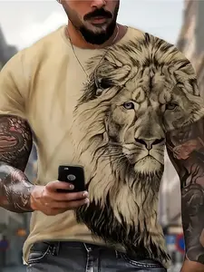 Men's Bold Lion 3D Printed Graphics T-Shirt, Loose Fit, Short Sleeve, Asymmetric Round Neck, Casual Streetwear Polyester Top, All Seasons Wear