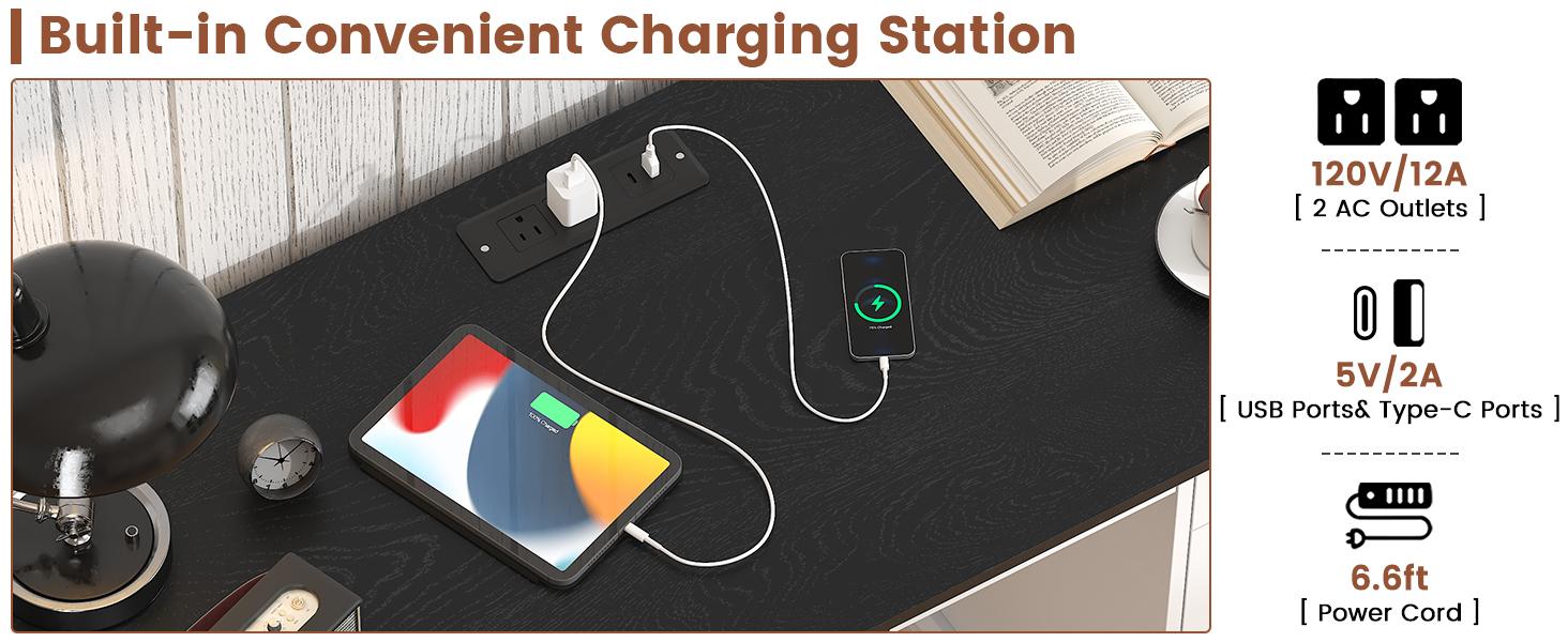 55" Office Desk with Drawers, Farmhouse Executive Desk with Charging Station, Hidden Cabinet, File Cabinet Storage, Wood Computer Desk with 5 Drawers for Work Study Writing, White