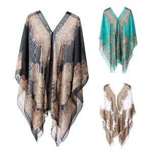Women Scarf Shawl Summer Beach Bikini Cover Up Loose Chiffon Blouse Shawl Scarf with Buttons Sunscreen Comfortable Cover-Ups