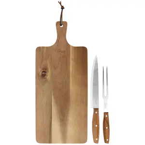 Gibson Elite 3 Piece Acacia Wood Serving Board with Carving Knife and Fork in Brown