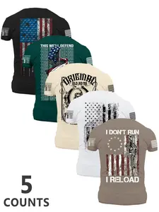 Men's Fashion Streetwear Stylish Round Neck Casual Short Sleeve T-Shirt, Summer Comfortable Flag Print Outdoor Tee, 5 Pack, Perfect for Boyfriend Daily Wear