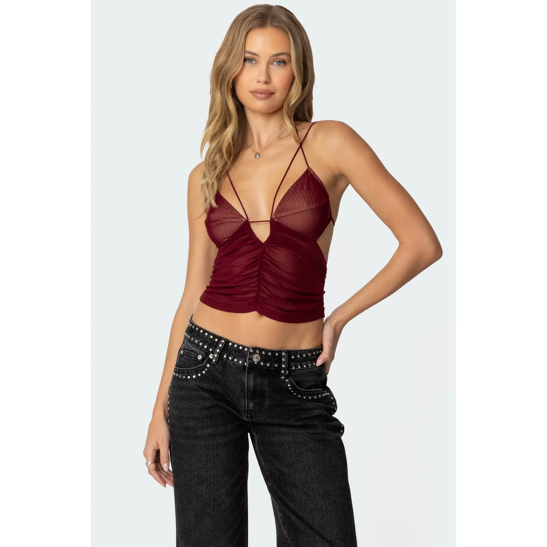 Strappy Ruched Mesh Top