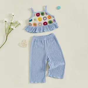 Toddler Baby Girl Summer Boho Outfit Crochet Flower Ruffled Spaghetti Straps Tops and Wide-Leg Pants 2 Pcs Set
