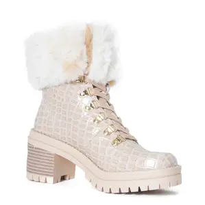 Lauren Lorraine BETTY Winter Boots with Rhinestone Adornment Round Toe Laces Cushioned Sole Plush Fur Cuff Urban Sophistication Women Girl