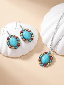 Bohemian Turquoise Trendy Vintage Jewelry Set, Colorful Beaded Women's Western Jewelry, Oval Pendant Necklace and Dangle Earrings, All Seasons Boho Style
