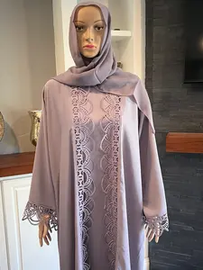 Open Abaya with Inner Elegant Design Long Sleeve Lavender Color Traditional Style for Women Perfect for Special Occasions