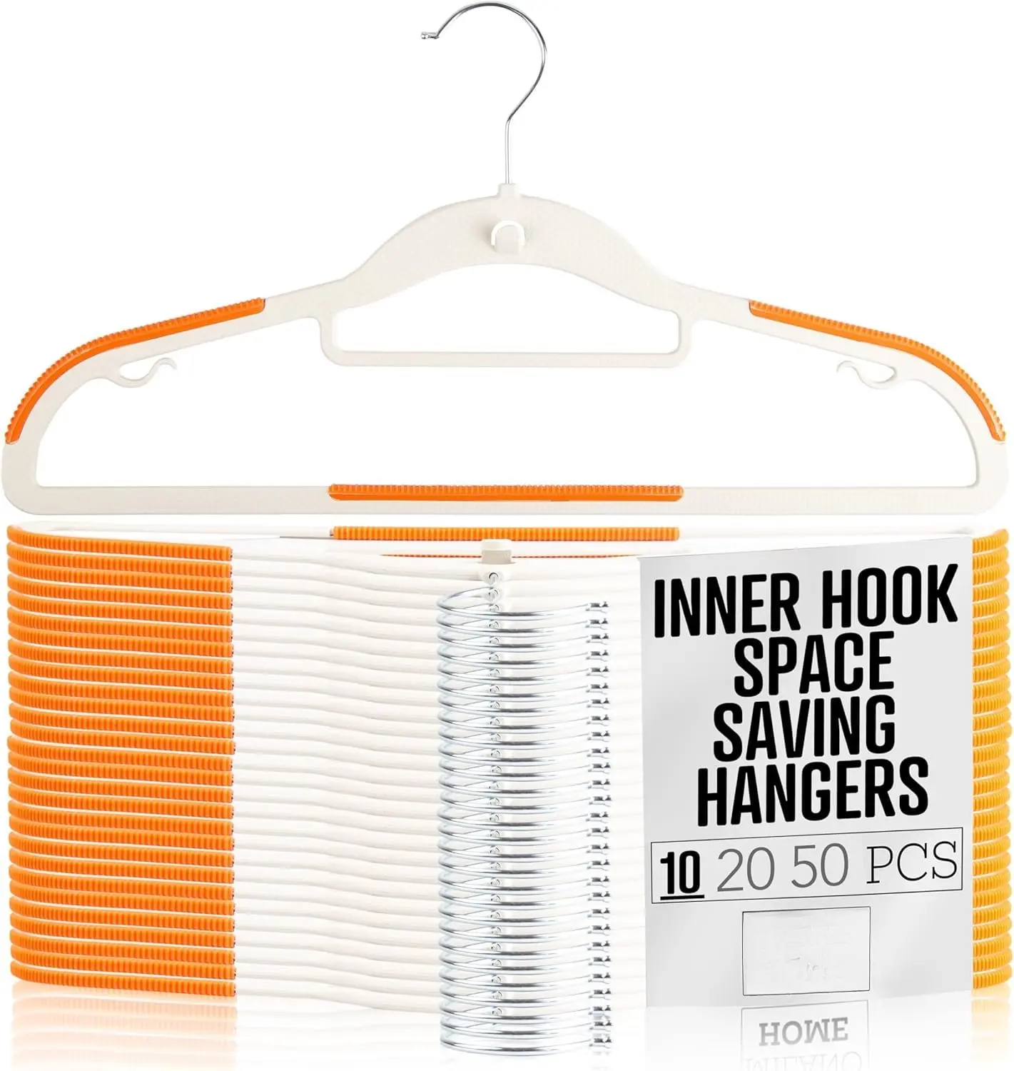 10-Pack Lightweight Slim Ultra-Thin Durable Recyclable White Plastic Hangers for Shirts, Space-Saver Home Closet Organizer with Smooth Cascading Hooks, 360-Swivel Hook, Anti-Slip Orange Pads, Built-In Tie & Scarf Holder for Hanging Storage