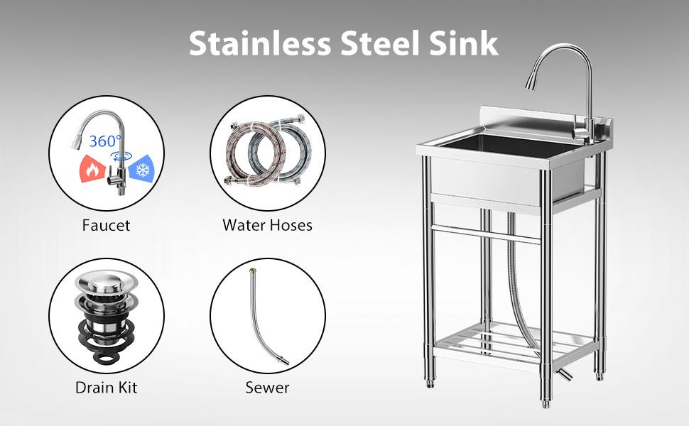 GARVEE Stainless Steel Sink, Freestanding Single Trough Commercial Kitchen Sink Set with Faucet, Commercial Single Bowl Kitchen Prep and Utility Sink for Restaurant, Garage
