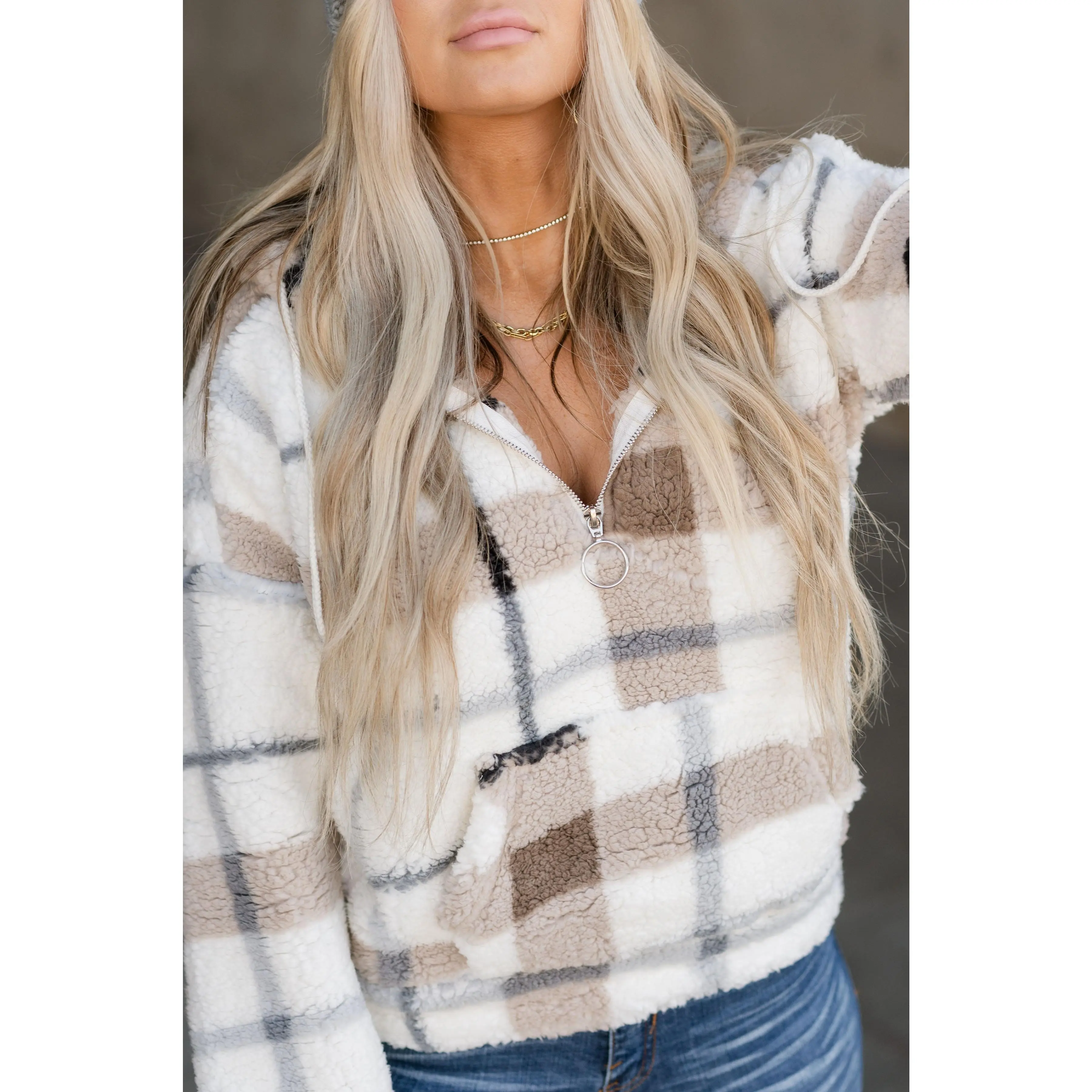 Cute Plaid Sherpa Pullover, Soft Comfy Half-Zip Hooded Top with Pockets, Lightweight Design for Everyday Wear, Coats, Jackets, Zipper, Polyester, Casual, Kangaroo, Silver, Hoop, Plaid Pattern, Loose-Fitting, Sweatshirts