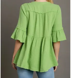 UMGEE V-NECK COTTON GAUZE BABY DOLL ELBOW LENGTH RUFFLE BELL SLEEVE TOP | PINK OR GREEN | Charlotte's Classy Closet