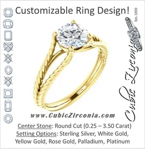 Cubic Zirconia Engagement Ring- The Manuela (Customizable Cathedral-set Round Cut Solitaire with Rope-Engraved Split-Band)