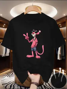 Leopard Print T-Shirt, Cool Cartoon Street Style, Men's Casual Short Sleeve, Loose-Fitting, Fashionable Top