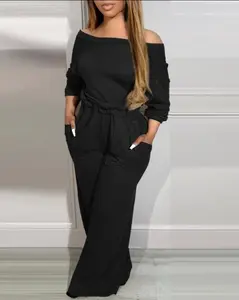 A plus size women's shoulder drop jumpsuit, long sleeved pants with adjustable waist, casual and elegant style, suitable for weddings, banquets, etc Black Womenswear