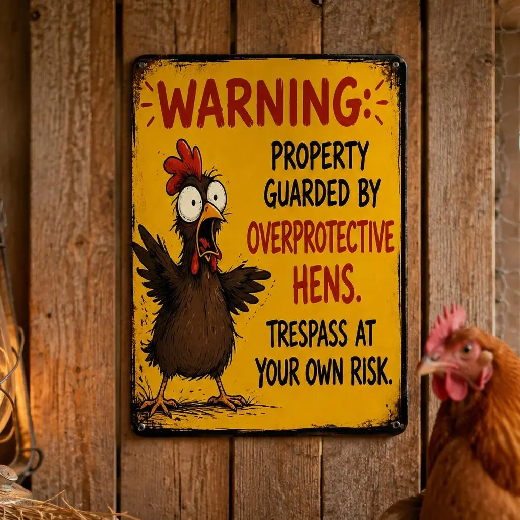 Vintage Funny Chicken Tin Sign - "Overprotective Hens" 8x12 Inch Rustic Farmhouse Warning Wall Decor for Home Kitchen, Metal Hanging Home Supplies